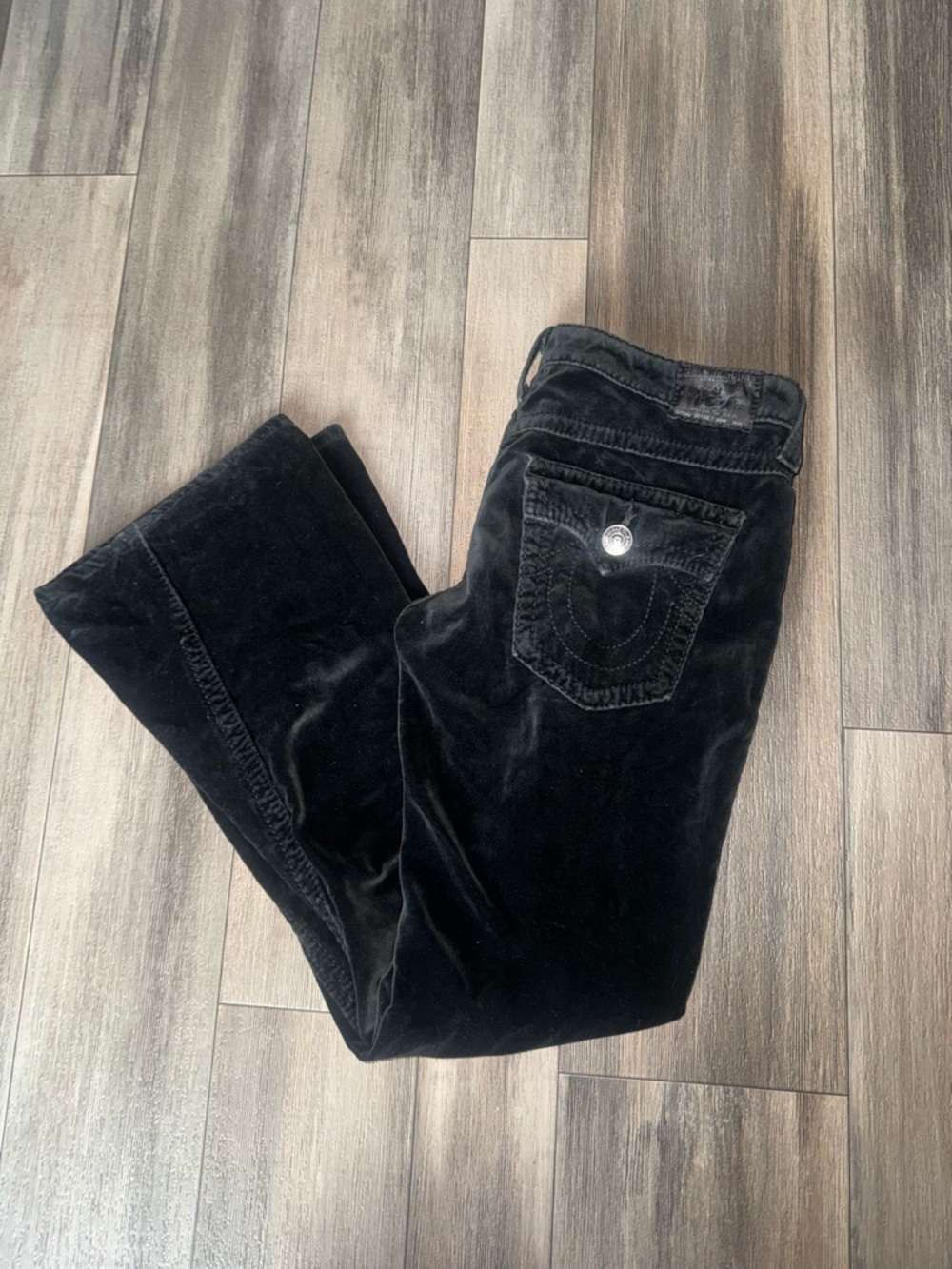 True Religion Women’s Black Velvet Boot Cut Jeans with Signature Pocket